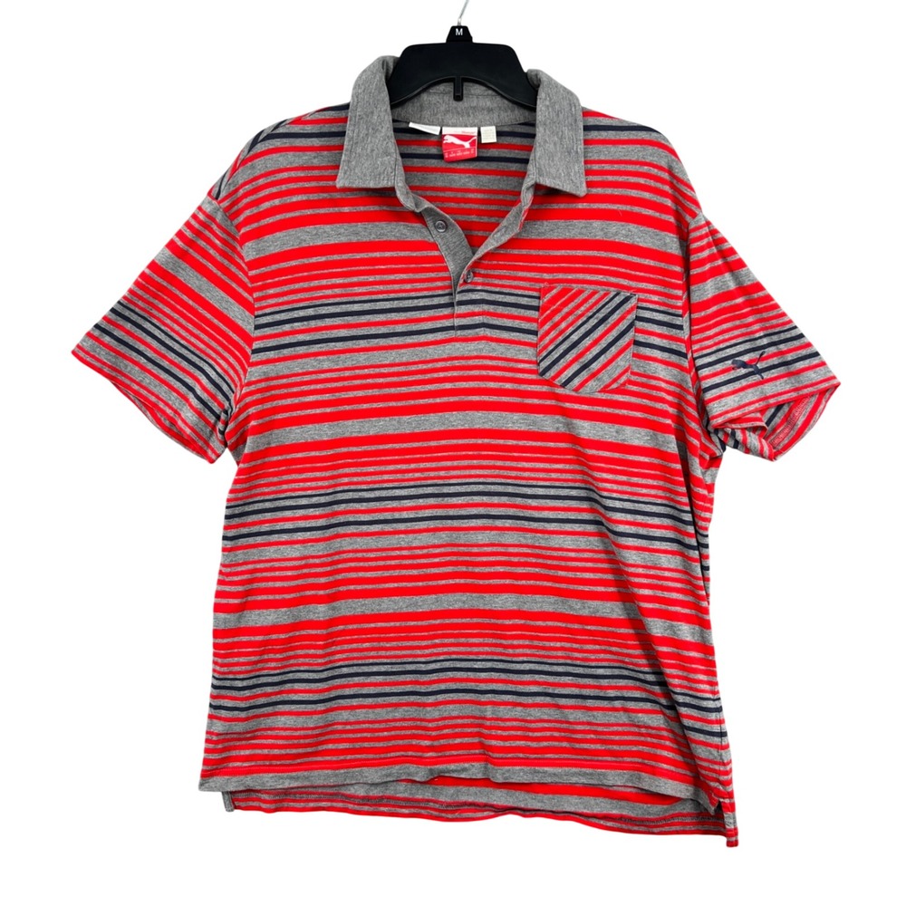 Puma Striped Polo Shirt Red Gray Blue Cotton Drycell Size XL Logo Pocket Stretch